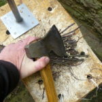 Trimming thick ends of twigs with axe